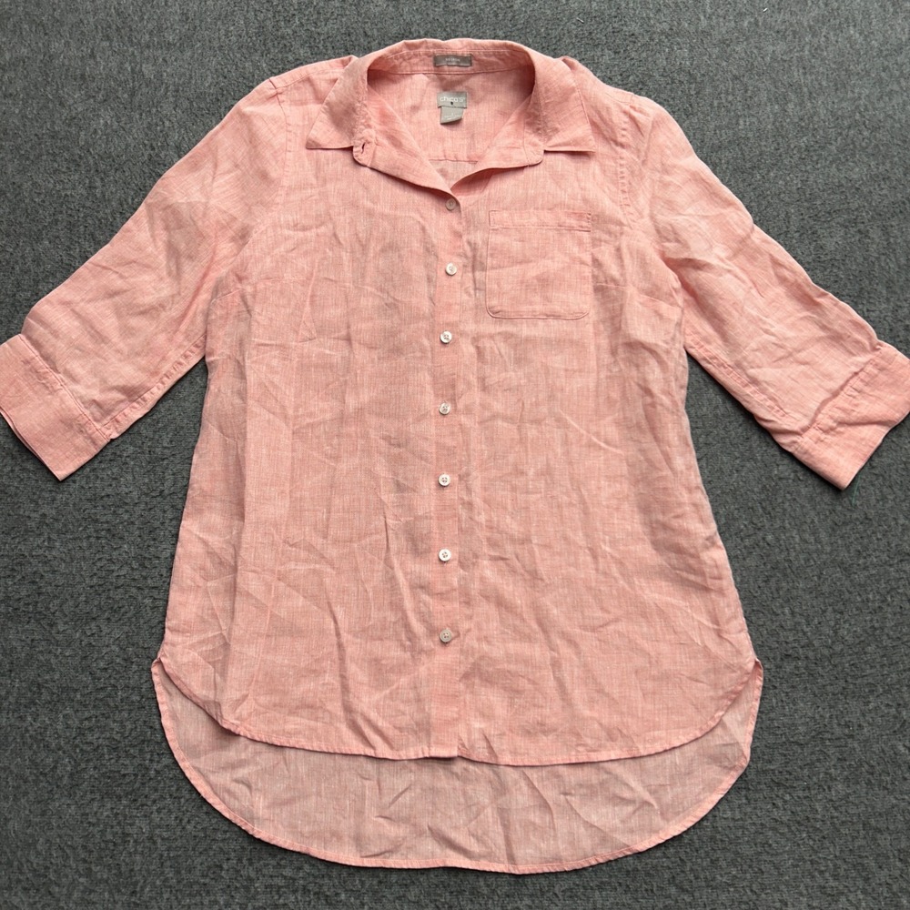Chicos Linen Button Up Shirt Size 1 No Iron Scenic Trim Cuff Neck Lagen Minimal